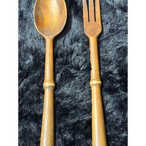 Vintage Mid-Century Teak Wood Salad Fork & Spoon Set 11"